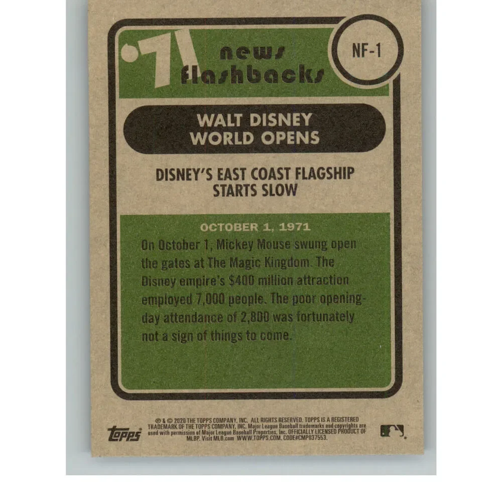 Walt Disney World Opens 2020 Topps Heritage Flashbacks Baseball Card #NF1